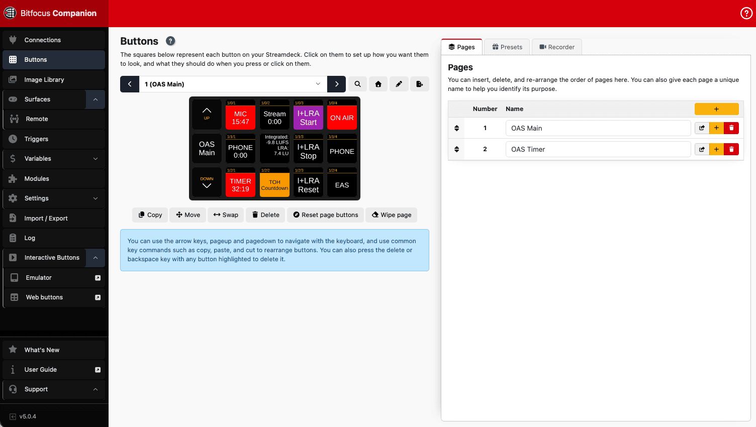 Bitfocus Companion Buttons-Ansicht mit der OAS-Seite: MIC-, Timer- und ON-AIR-Tasten plus LUFS-Anzeige