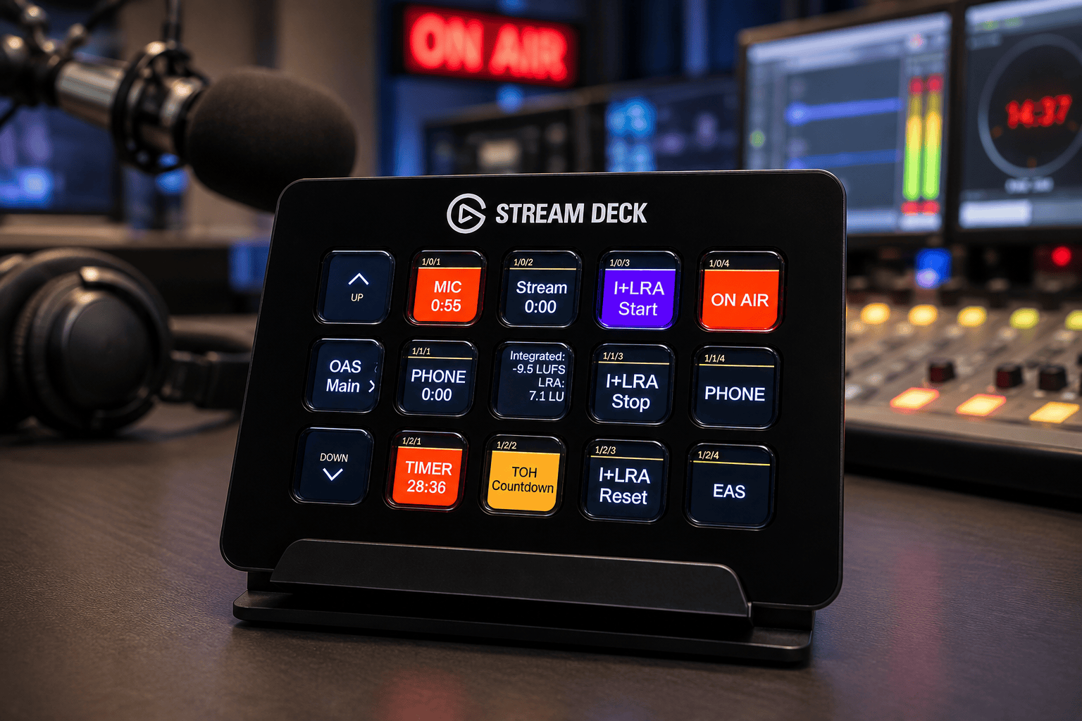 Elgato Stream Deck mit OAS-Tasten im Radiostudio: MIC, ON AIR, LUFS und Timer, Mixer und On-Air-Lampe im Hintergrund