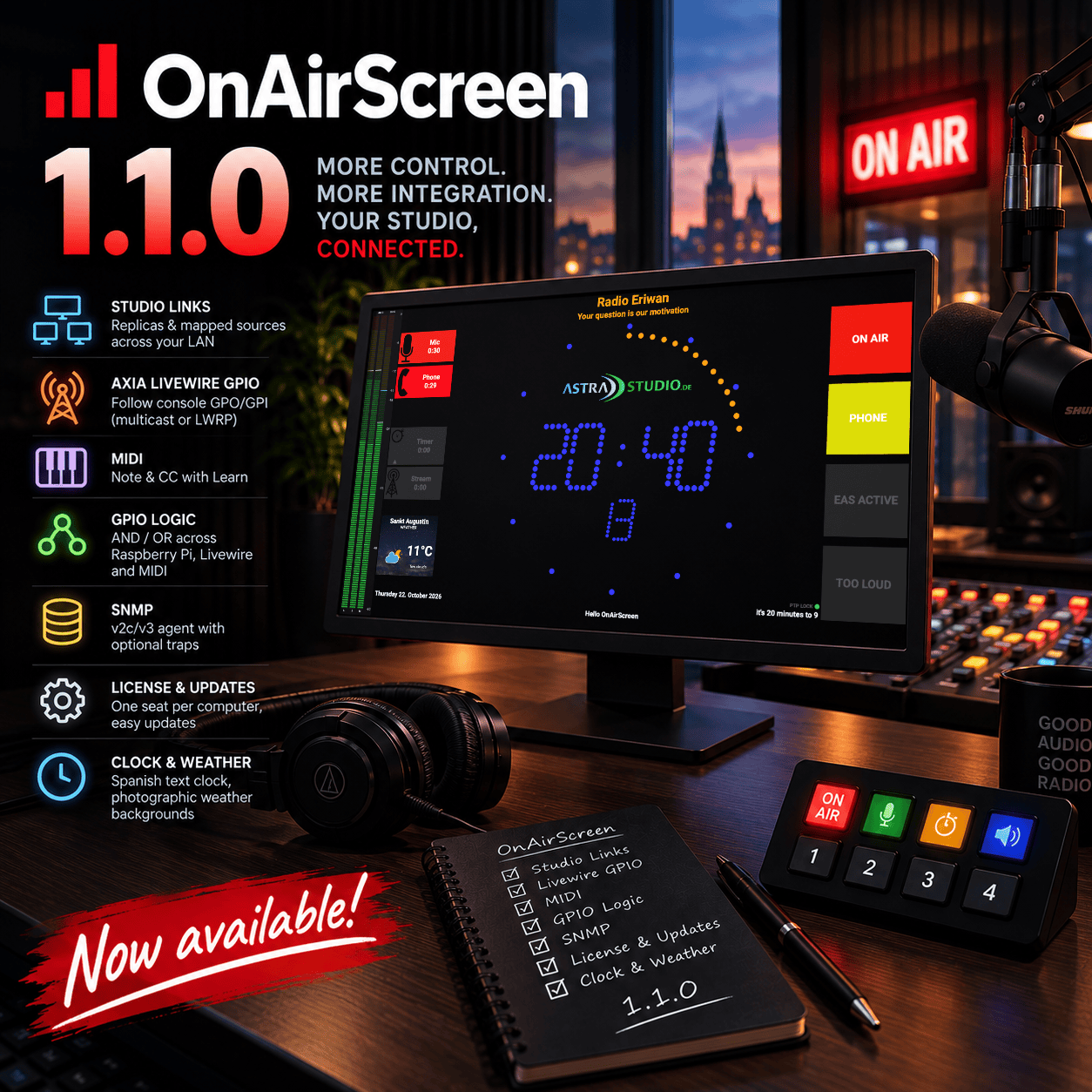 OnAirScreen 1.1.0 im Sendestudio: Monitor mit Uhr, ON AIR und Wetter, Feature-Liste, Notizbuch und Mischpult bei Abendstimmung